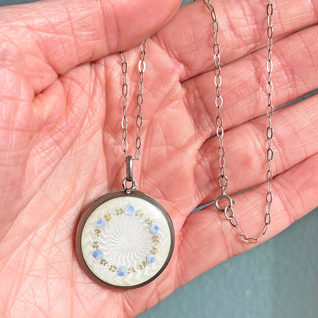 Antique French Enamel Locket, White Guilloché with Blue Florals, c. 1837-1864