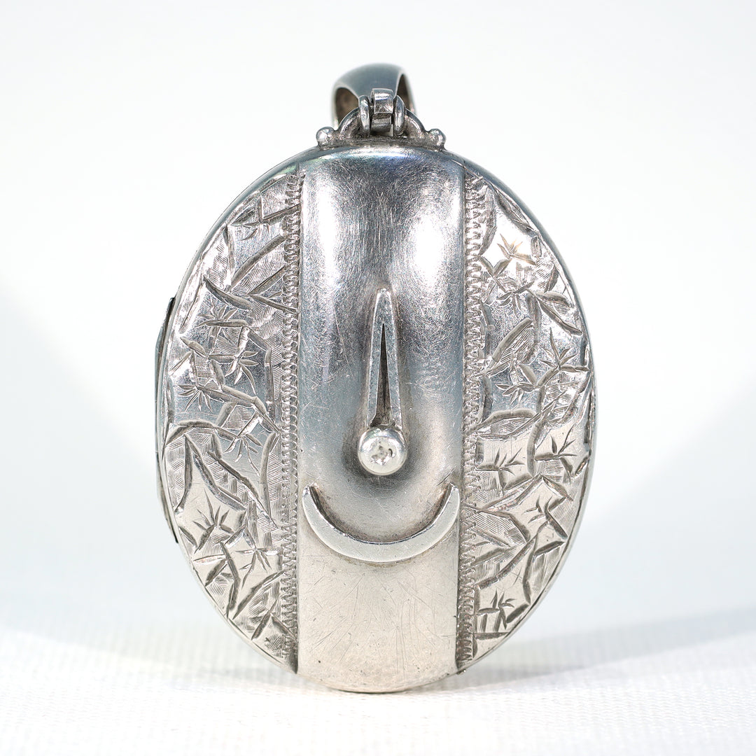 Antique Silver Engraved Oval Buckle Locket Birmingham 1880