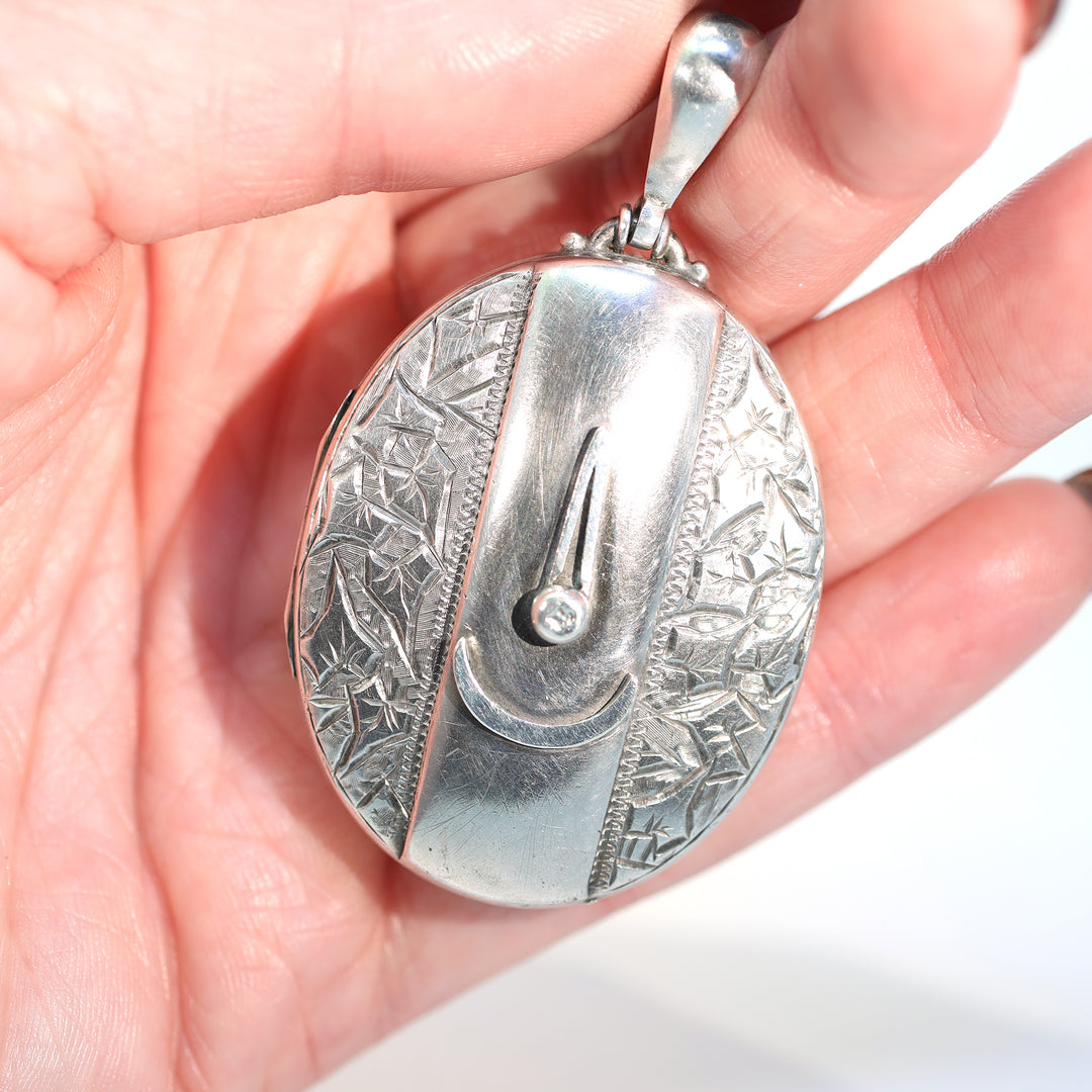 Antique Silver Engraved Oval Buckle Locket Birmingham 1880