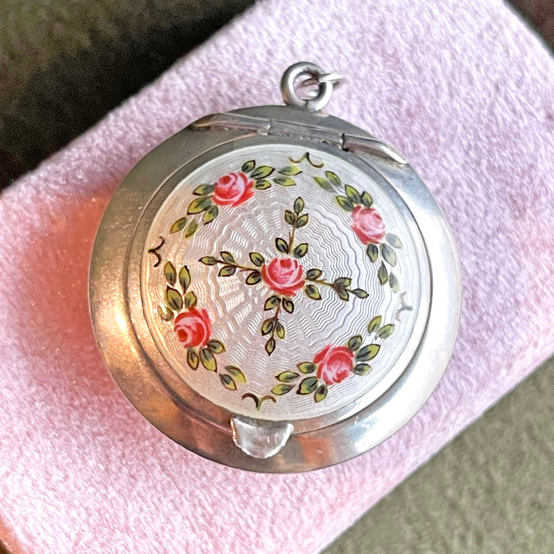 Antique Silver Enamel Compact Locket with Roses and Mirror, Birmingham 1916
