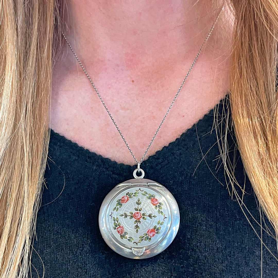Antique Silver Enamel Compact Locket with Roses and Mirror, Birmingham 1916