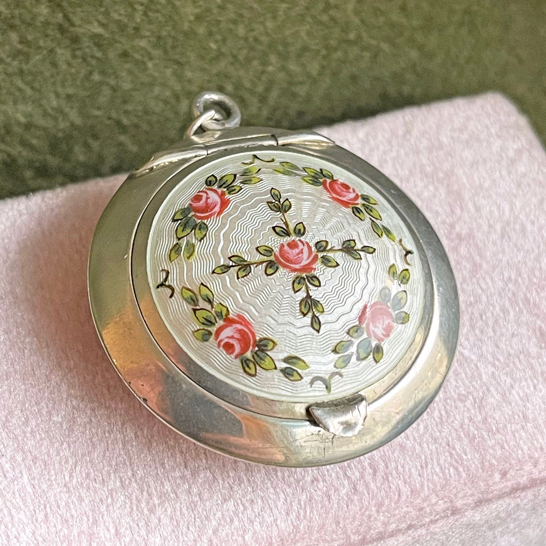 Antique Silver Enamel Compact Locket with Roses and Mirror, Birmingham 1916