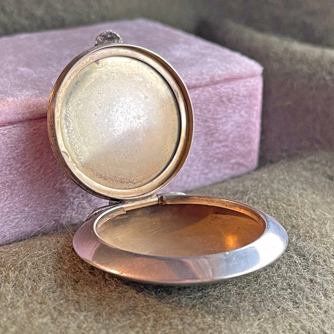 Antique Silver Enamel Compact Locket with Roses and Mirror, Birmingham 1916