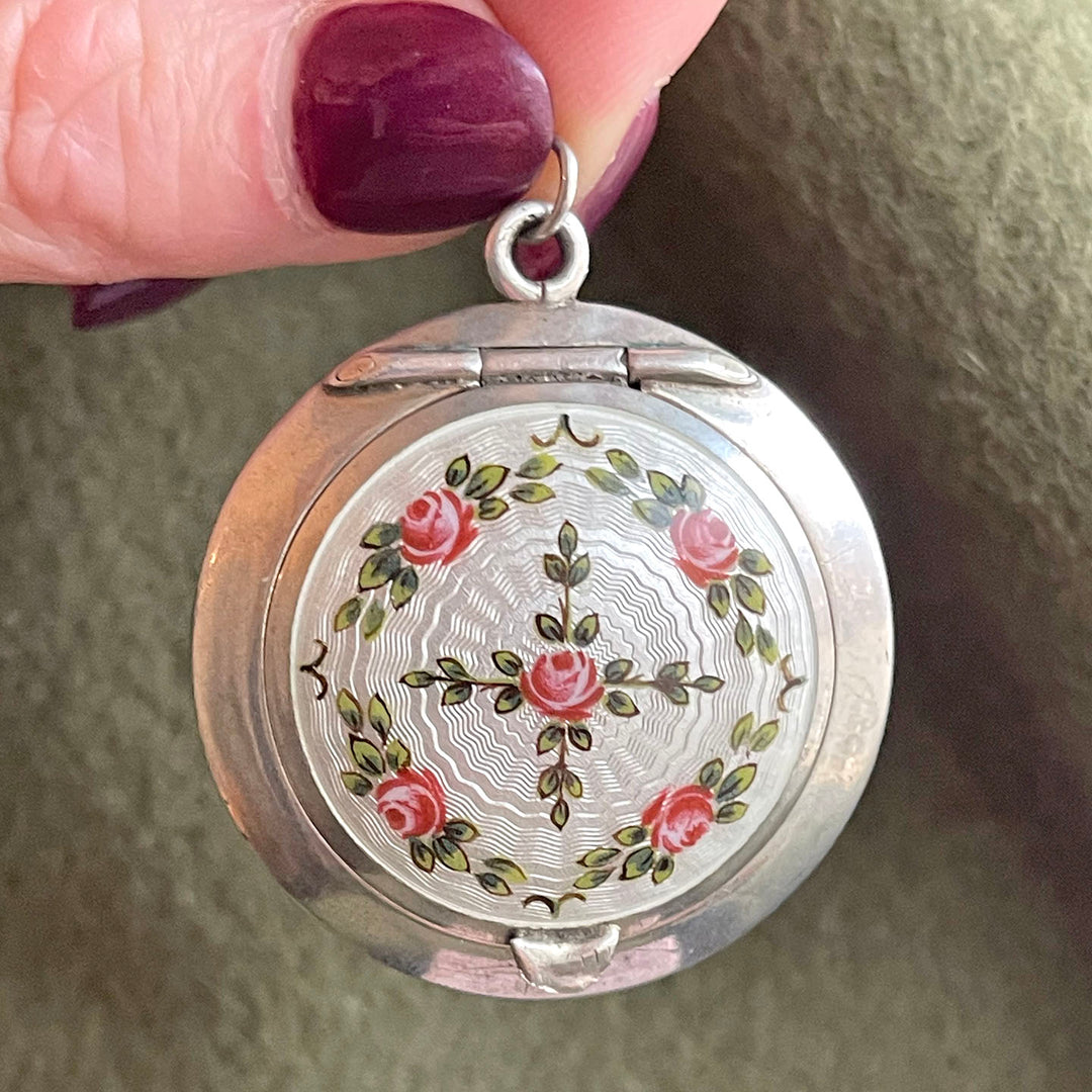 Antique Silver Enamel Compact Locket with Roses and Mirror, Birmingham 1916