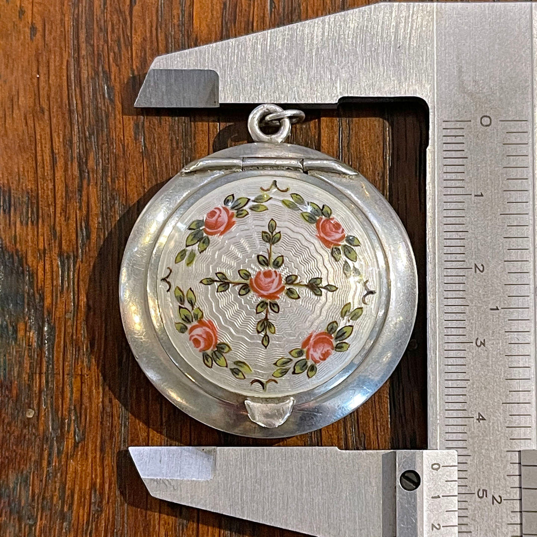 Antique Silver Enamel Compact Locket with Roses and Mirror, Birmingham 1916