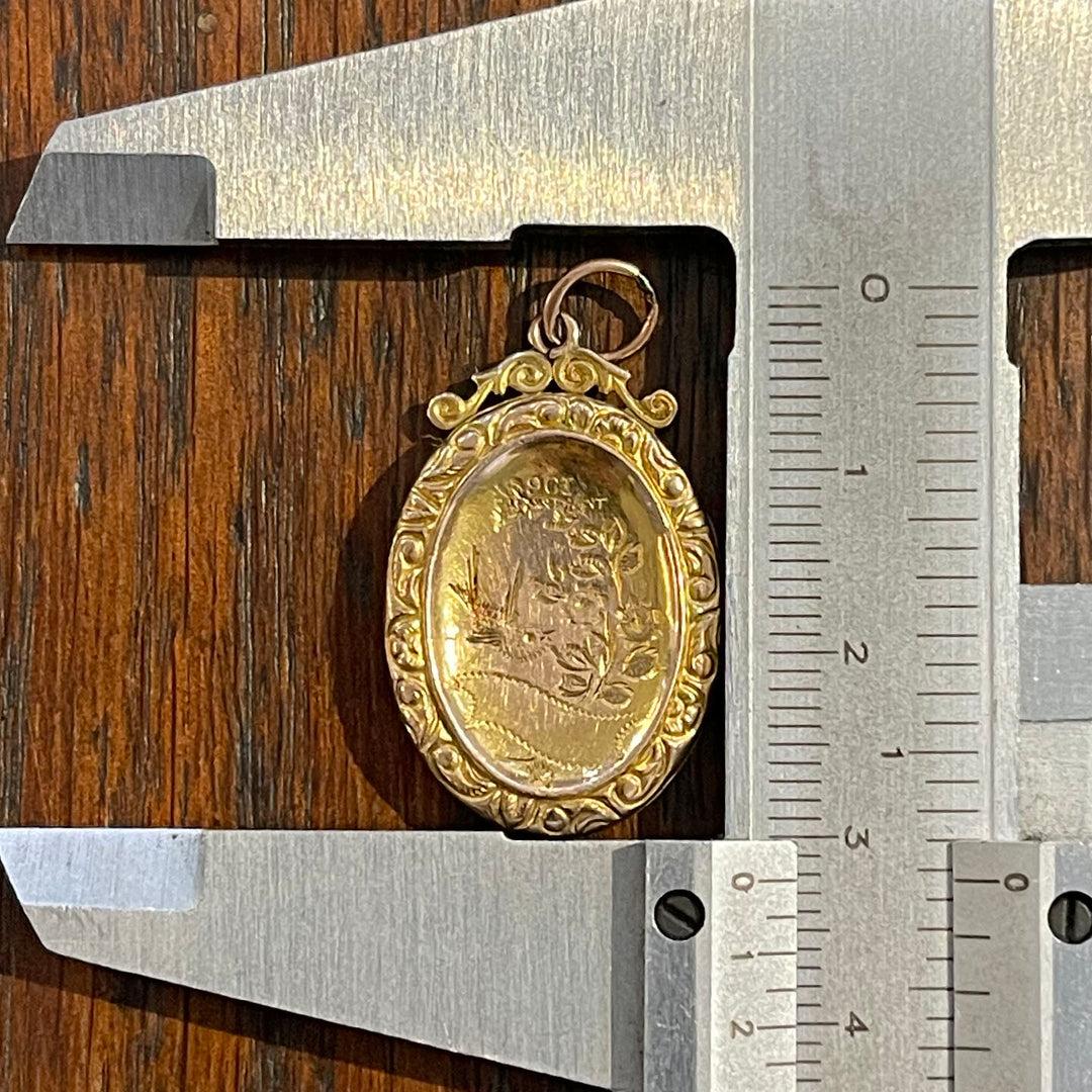 Engraved 9k Gold Locket Bird & Flowers, c. 1900