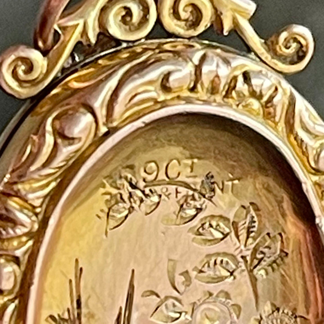 Engraved 9k Gold Locket Bird & Flowers, c. 1900