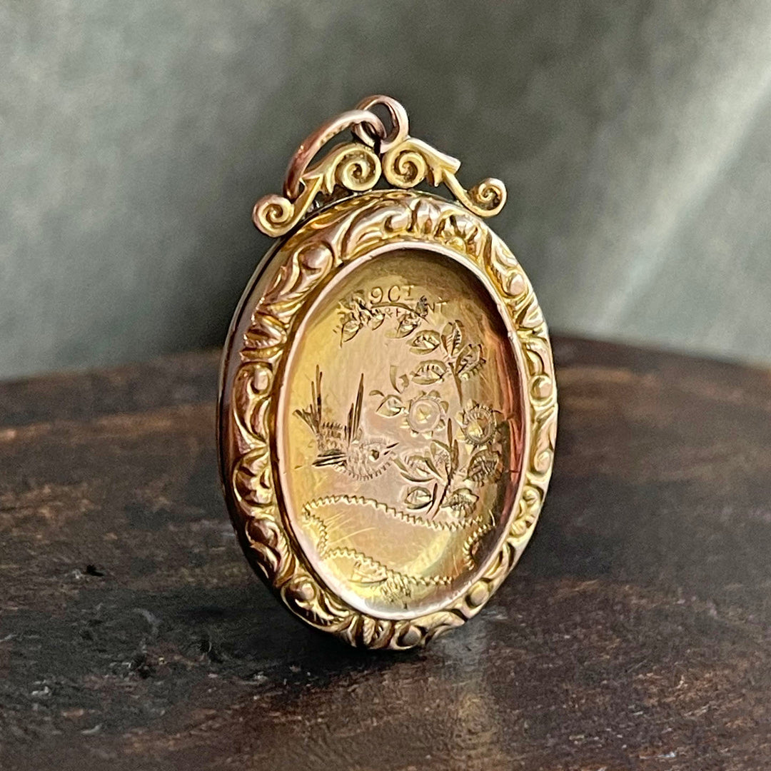 Engraved 9k Gold Locket Bird & Flowers, c. 1900