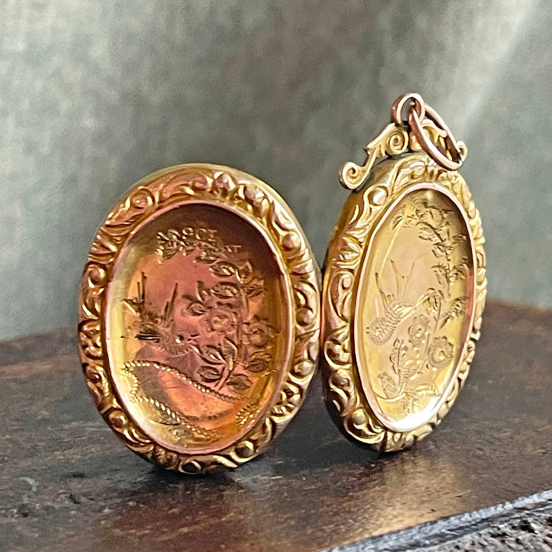 Engraved 9k Gold Locket Bird & Flowers, c. 1900