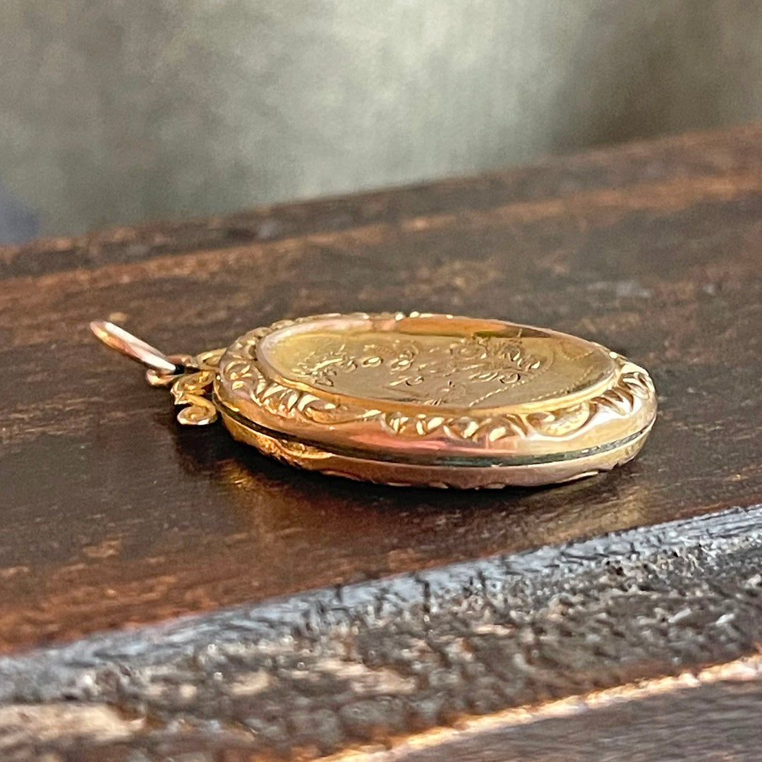 Engraved 9k Gold Locket Bird & Flowers, c. 1900