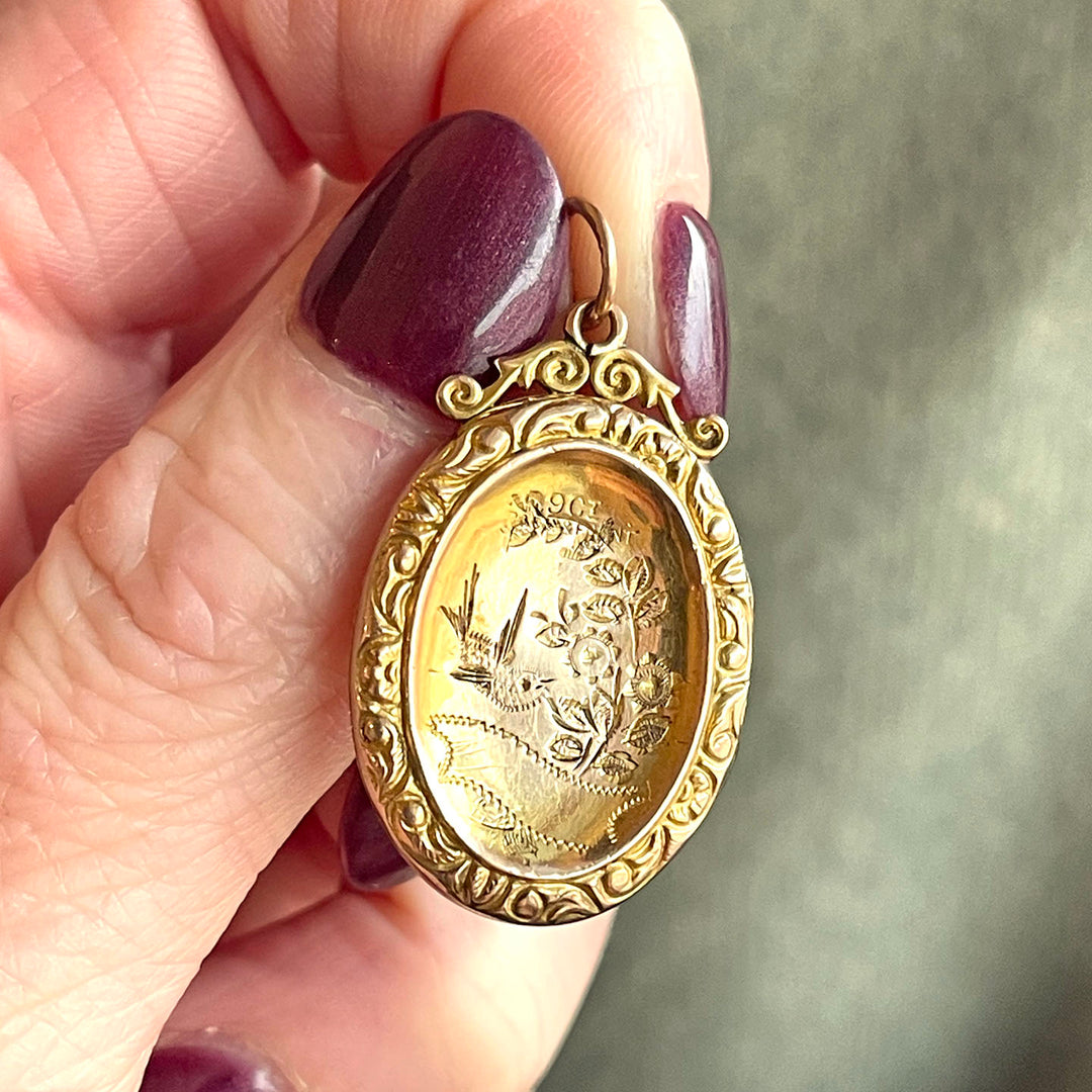 Engraved 9k Gold Locket Bird & Flowers, c. 1900