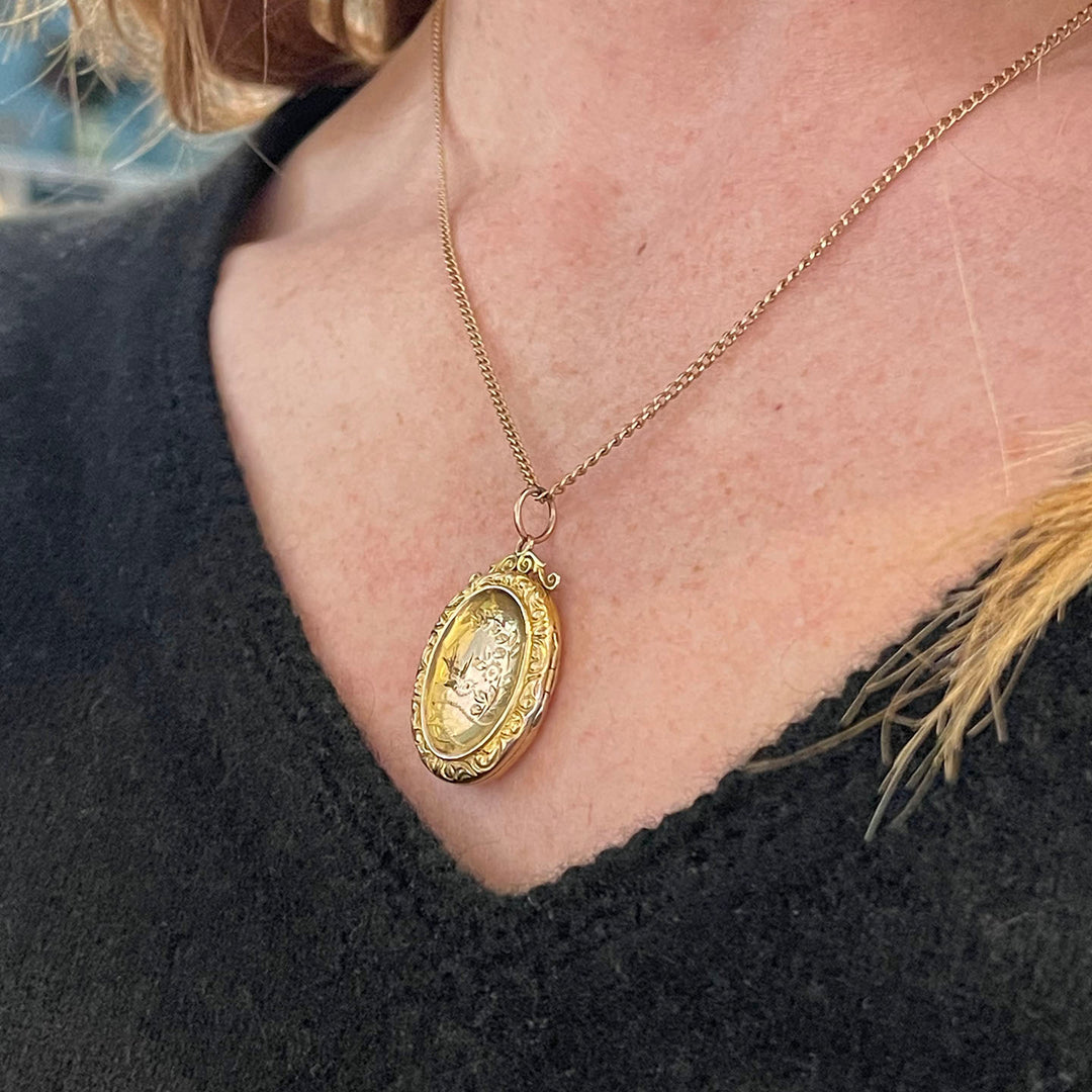Engraved 9k Gold Locket Bird & Flowers, c. 1900