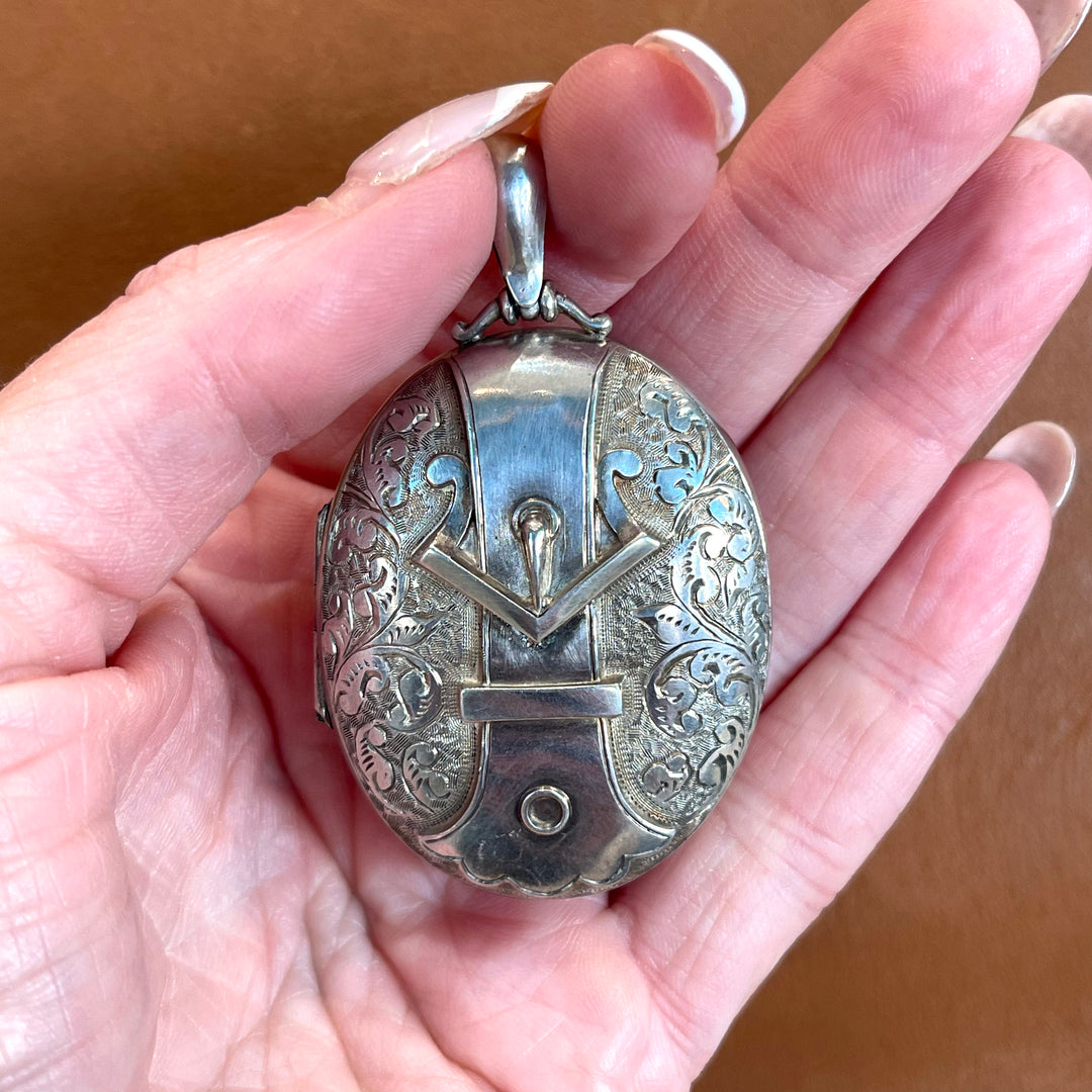 Silver Embossed Oval Buckle Locket Hallmarked 1883