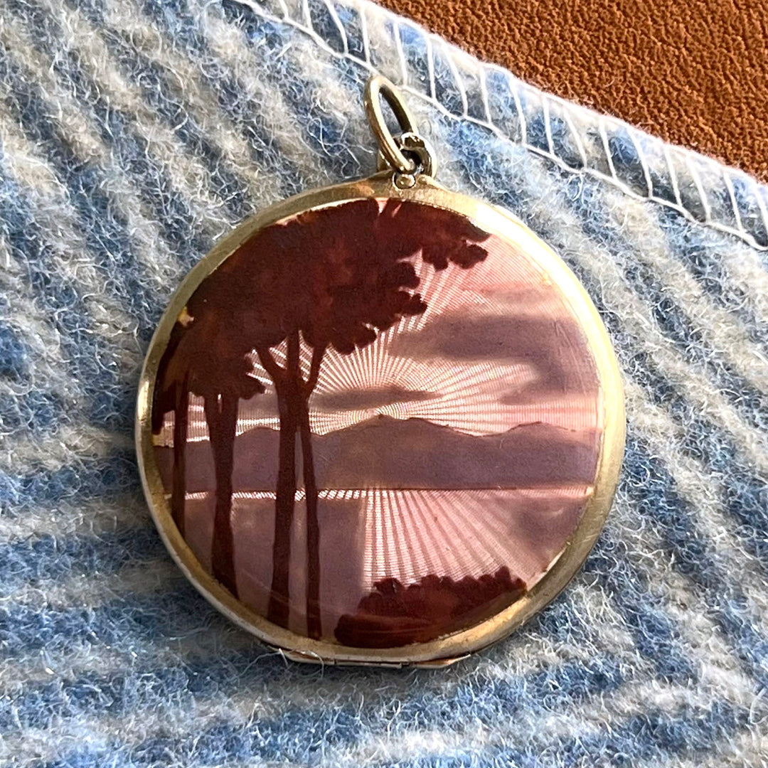 Antique Edwardian Silver Enamel Scenic Locket Guilloché Back, c. 1910