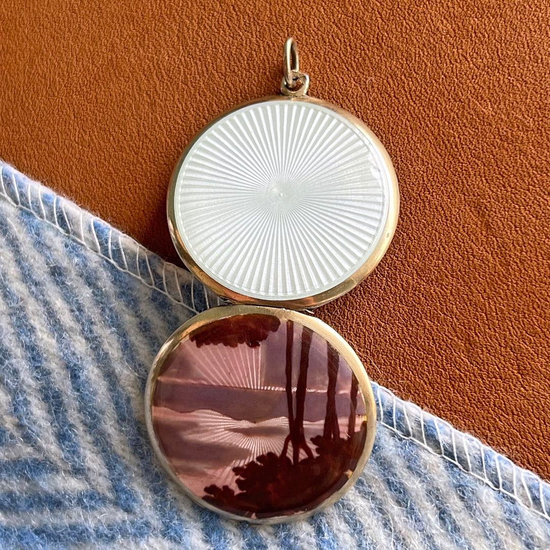 Antique Edwardian Silver Enamel Scenic Locket Guilloché Back, c. 1910