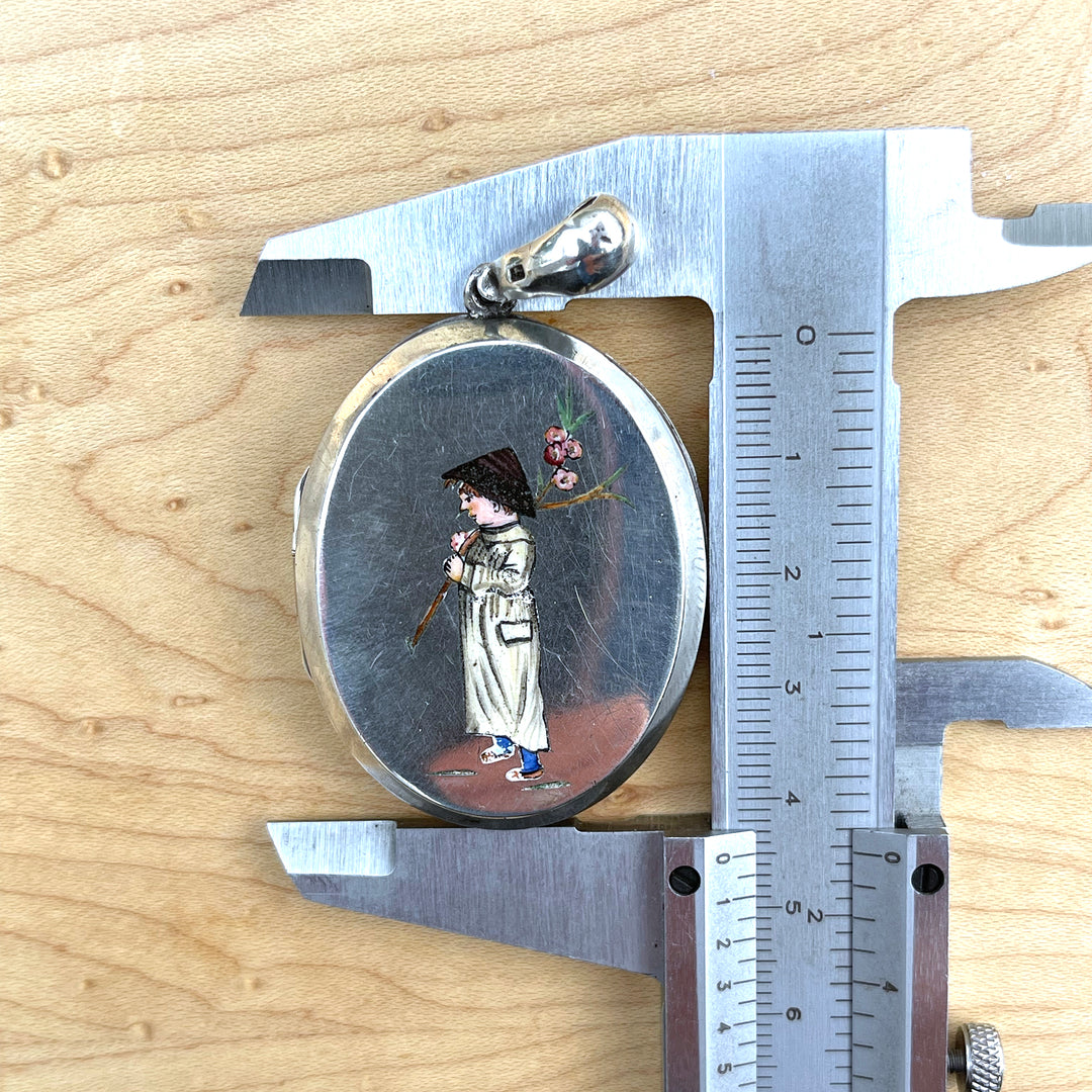 Victorian Silver Enamel Locket Person with Cherry Blossoms