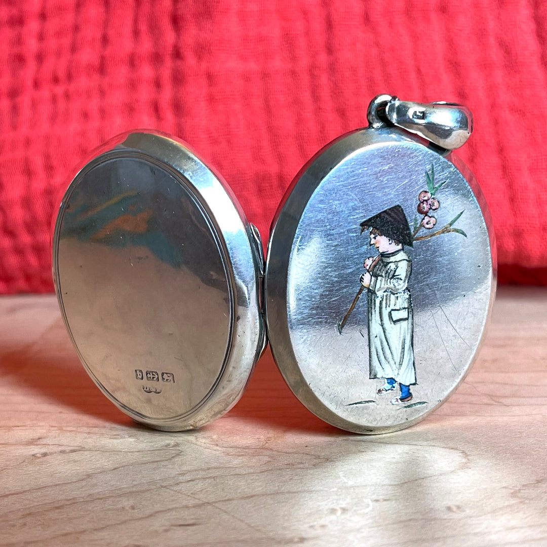 Victorian Silver Enamel Locket Person with Cherry Blossoms