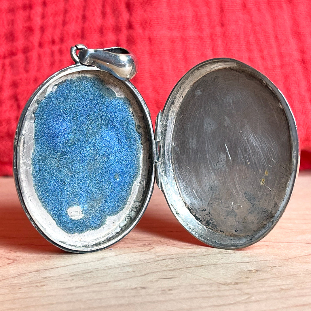 Victorian Silver Enamel Locket Person with Cherry Blossoms