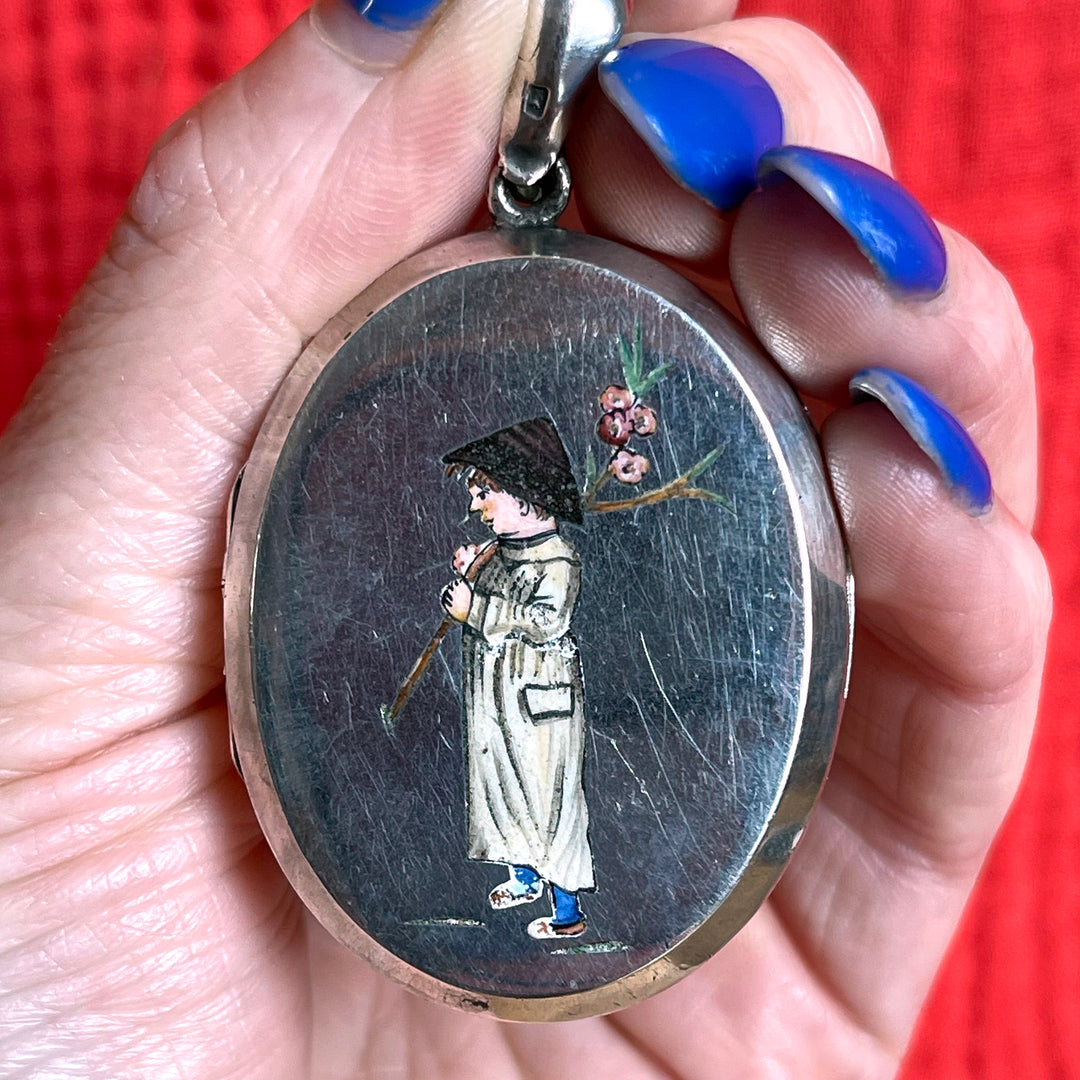 Victorian Silver Enamel Locket Person with Cherry Blossoms