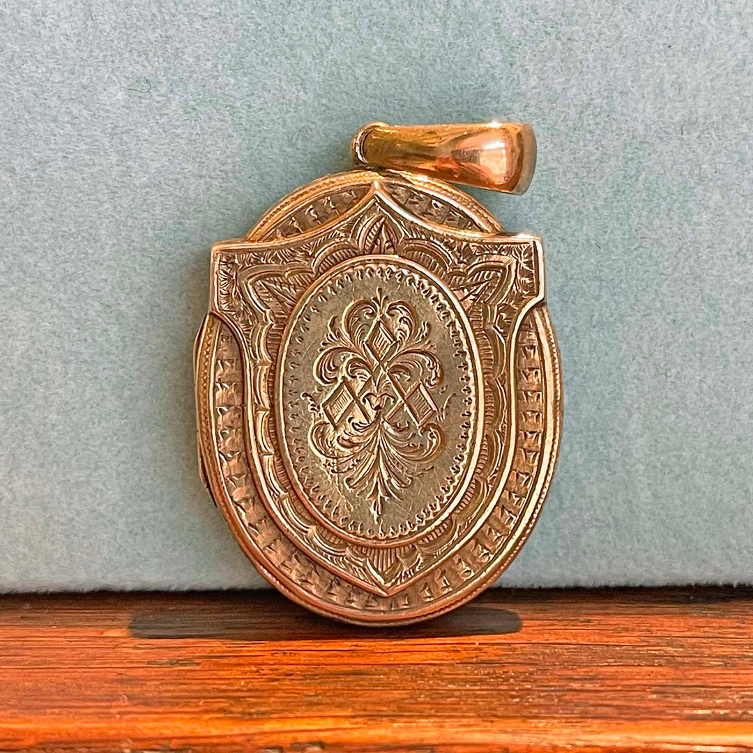 Reserved - Victorian Gold Engraved Shield Locket Pendant