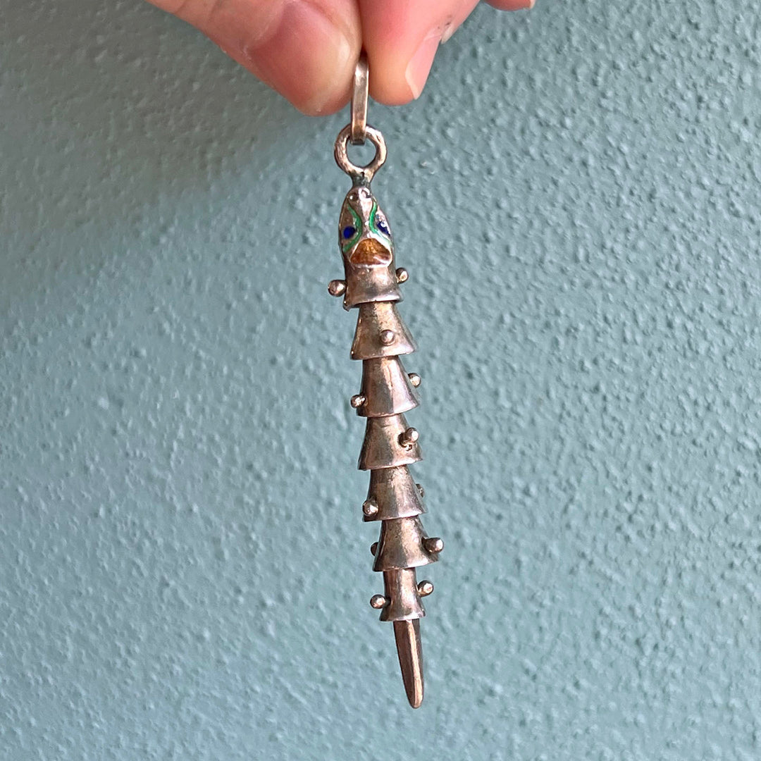 Mid-Century Silver Enamel Snake Drop Pendant c. 1960