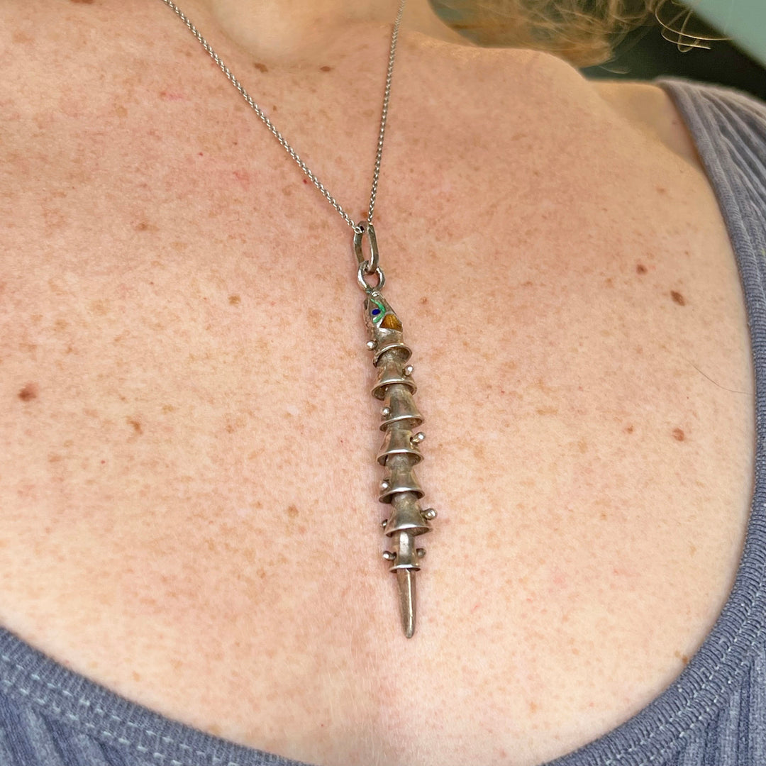 Mid-Century Silver Enamel Snake Drop Pendant c. 1960