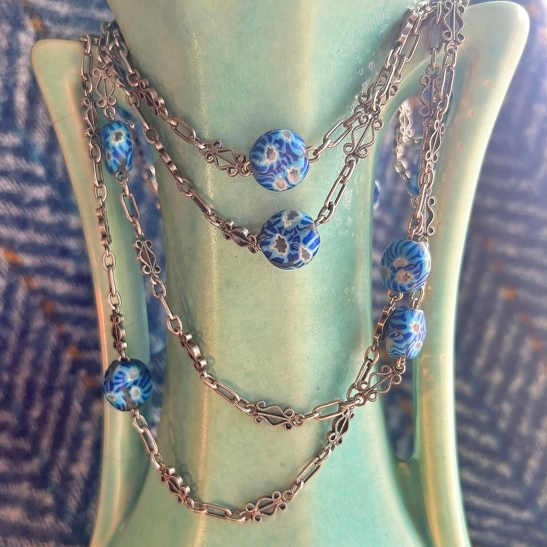 Metal Millefleur Venetian Glass Bead Chain Necklace