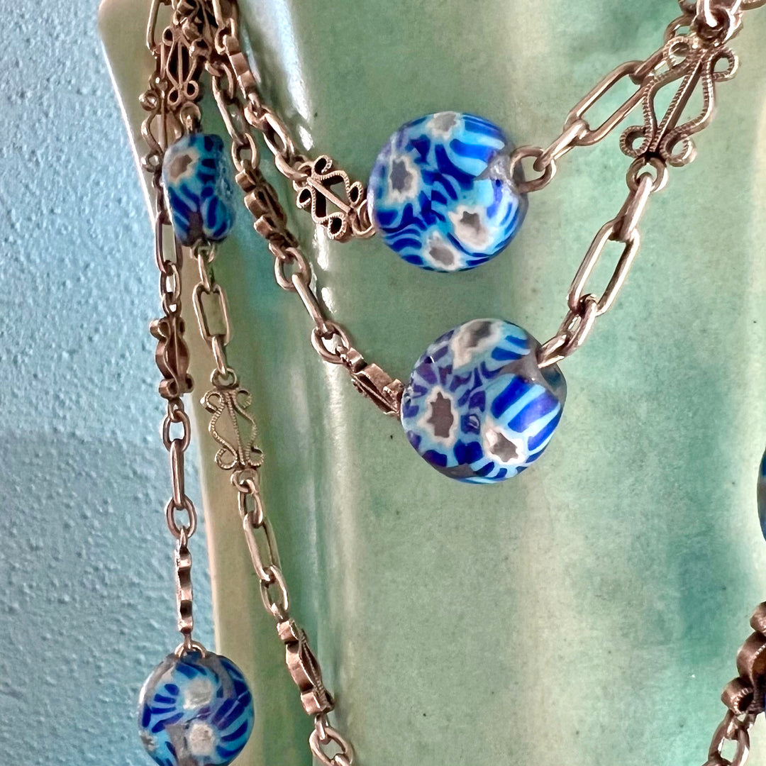 Metal Millefleur Venetian Glass Bead Chain Necklace