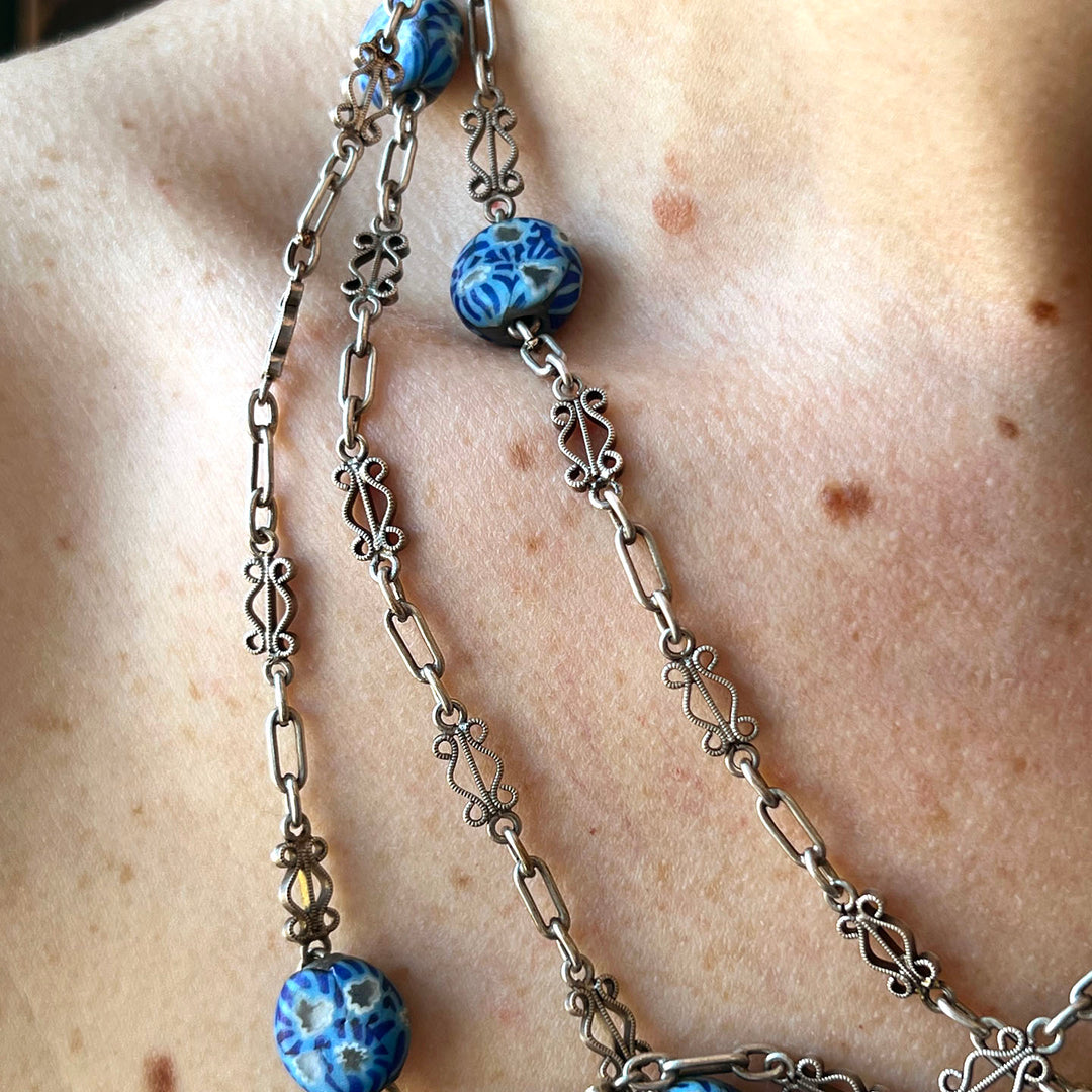 Metal Millefleur Venetian Glass Bead Chain Necklace