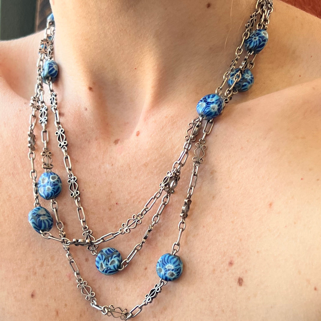 Metal Millefleur Venetian Glass Bead Chain Necklace