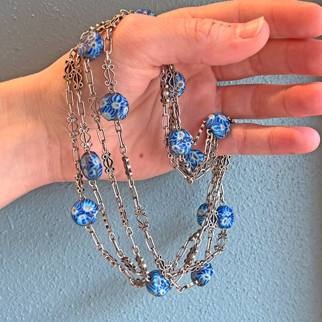 Metal Millefleur Venetian Glass Bead Chain Necklace