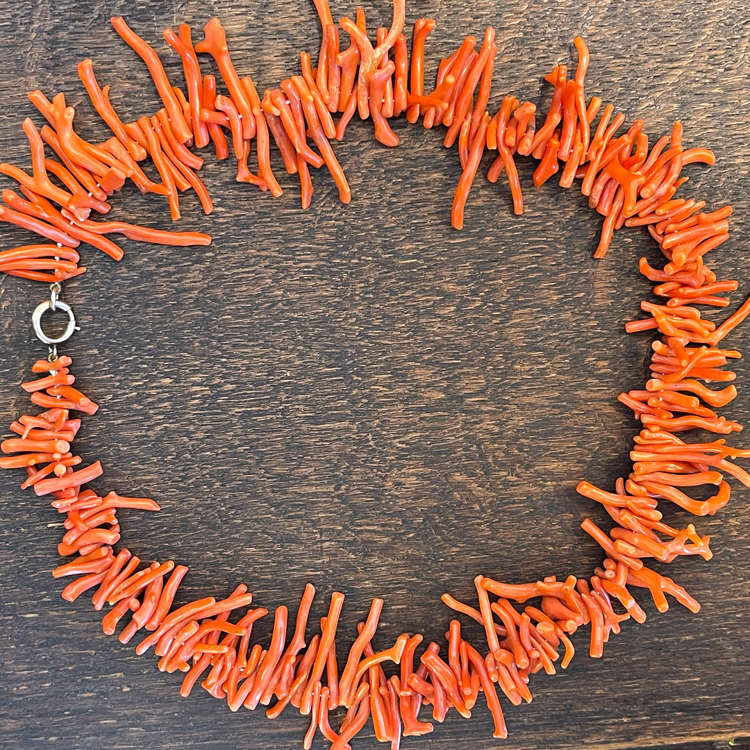 Antique Edwardian Coral Branch Necklace Gold Clasp