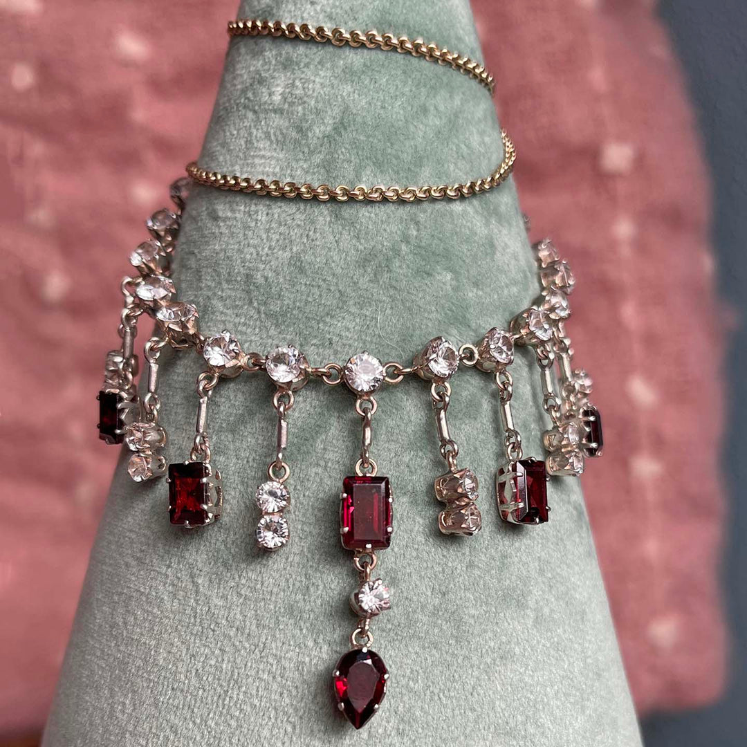 Antique Silver Gilt Zircon Garnet Necklace