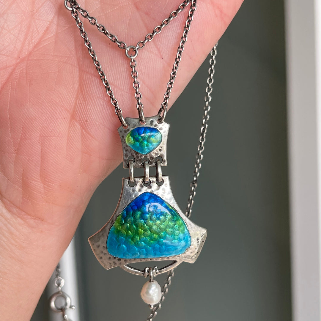 Antique Arts & Crafts Hammered Silver Enamel Pendant Necklace