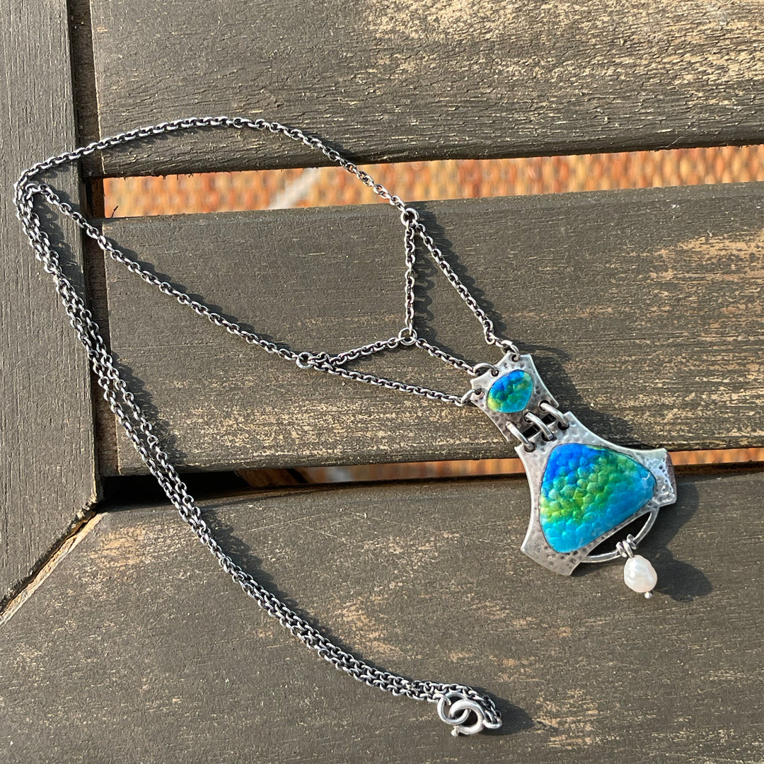 Antique Arts & Crafts Hammered Silver Enamel Pendant Necklace