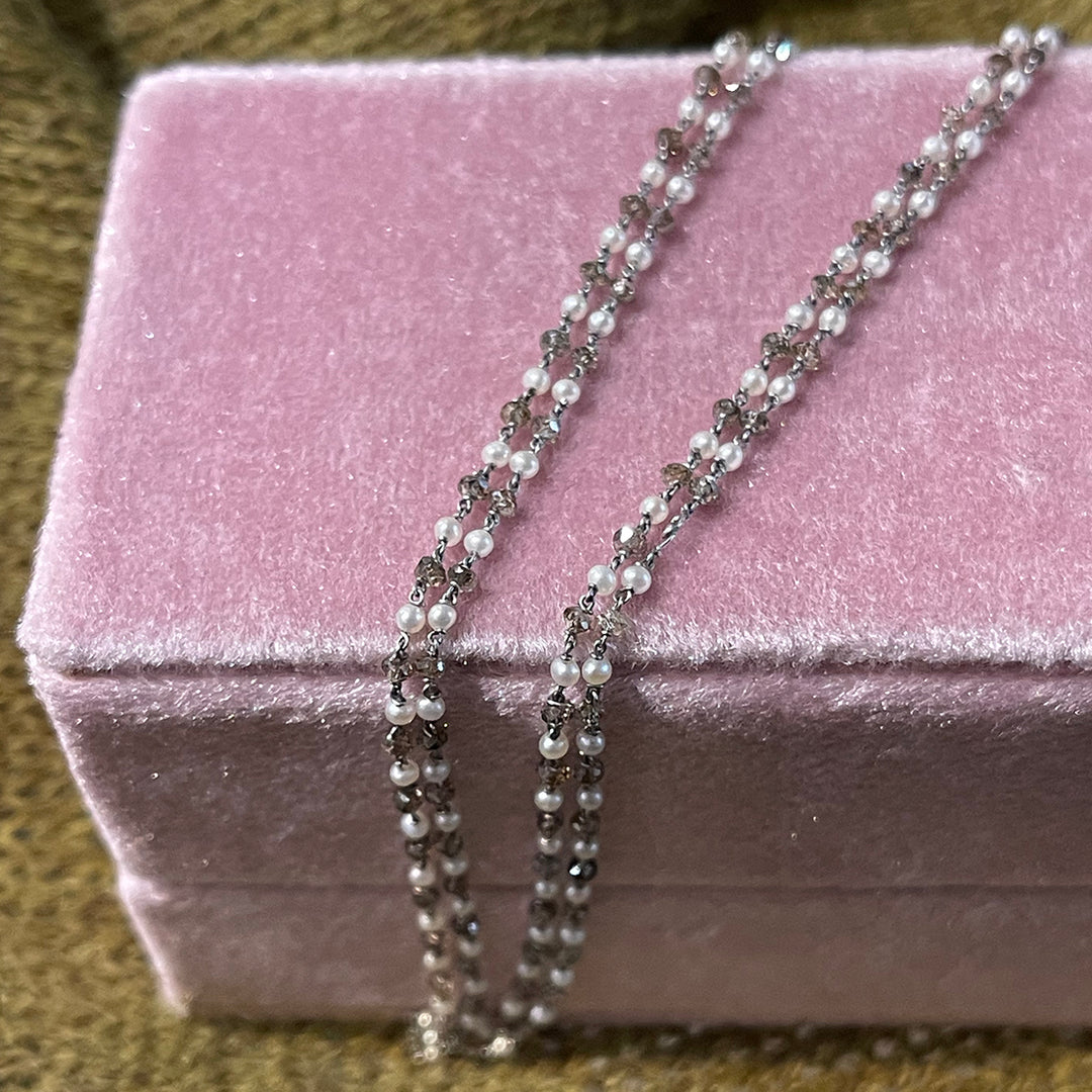 Art Deco Platinum, Pearl, and Champagne Diamond Chain Necklace, c. 1920s