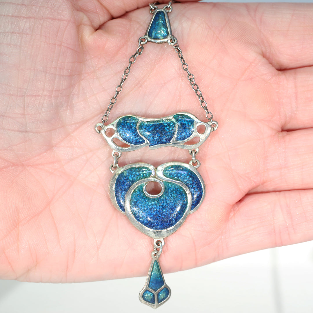 Antique Arts & Crafts Silver Blue Enamel Necklace c. 1910