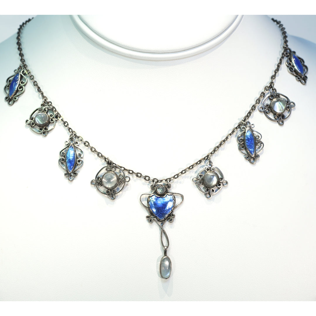 Antique Arts and Crafts Era Necklace Blue Enamel Silver Moonstone