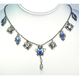 Antique Arts and Crafts Era Necklace Blue Enamel Silver Moonstone