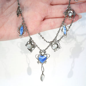 Antique Arts and Crafts Era Necklace Blue Enamel Silver Moonstone