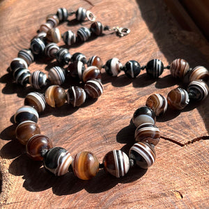 Antique Banded Agate Bead Necklace Silver Clasp