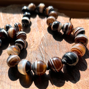 Antique Banded Agate Bead Necklace Silver Clasp