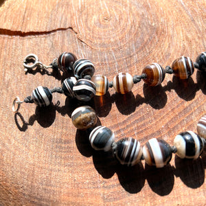 Antique Banded Agate Bead Necklace Silver Clasp