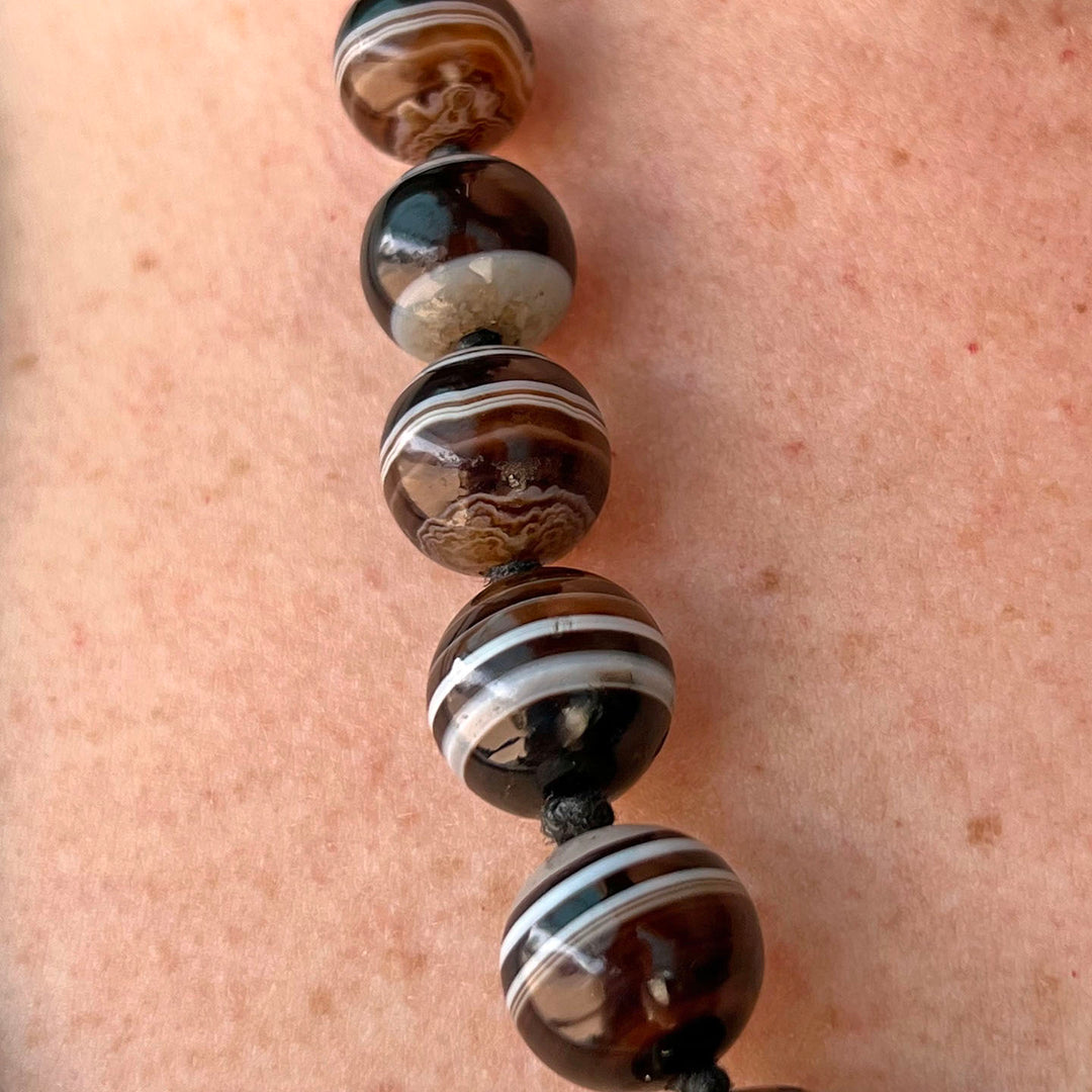 Antique Banded Agate Bead Necklace Silver Clasp