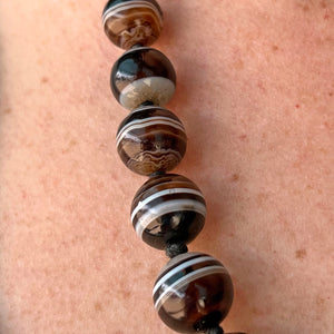 Antique Banded Agate Bead Necklace Silver Clasp