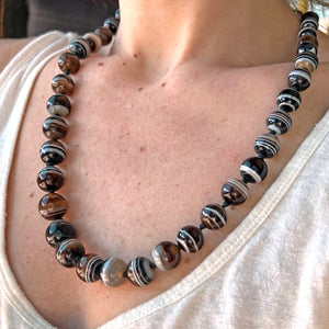 Antique Banded Agate Bead Necklace Silver Clasp