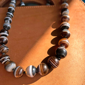 Antique Banded Agate Bead Necklace Silver Clasp