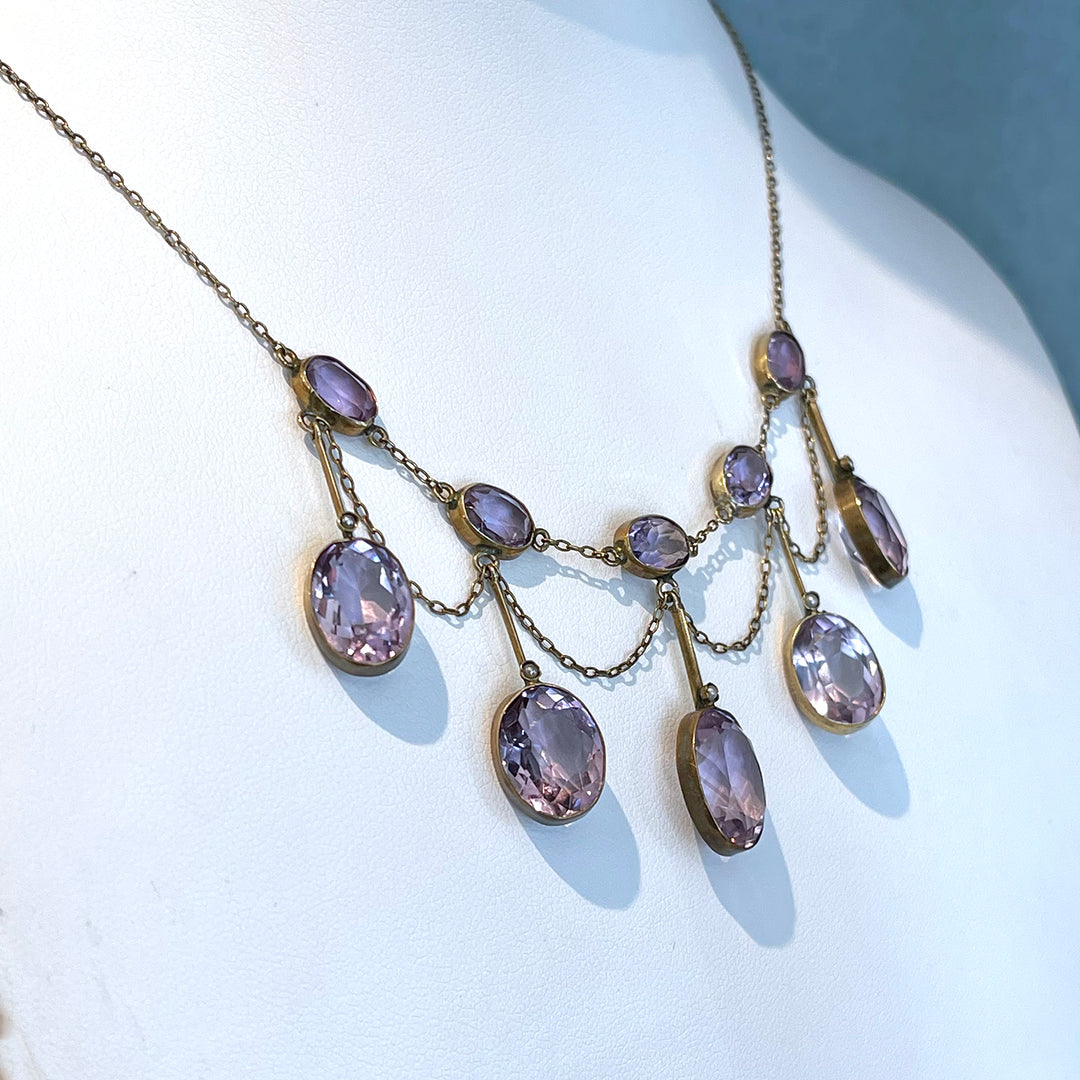 Antique Edwardian Amethyst Drop Necklace in Silver Gilt