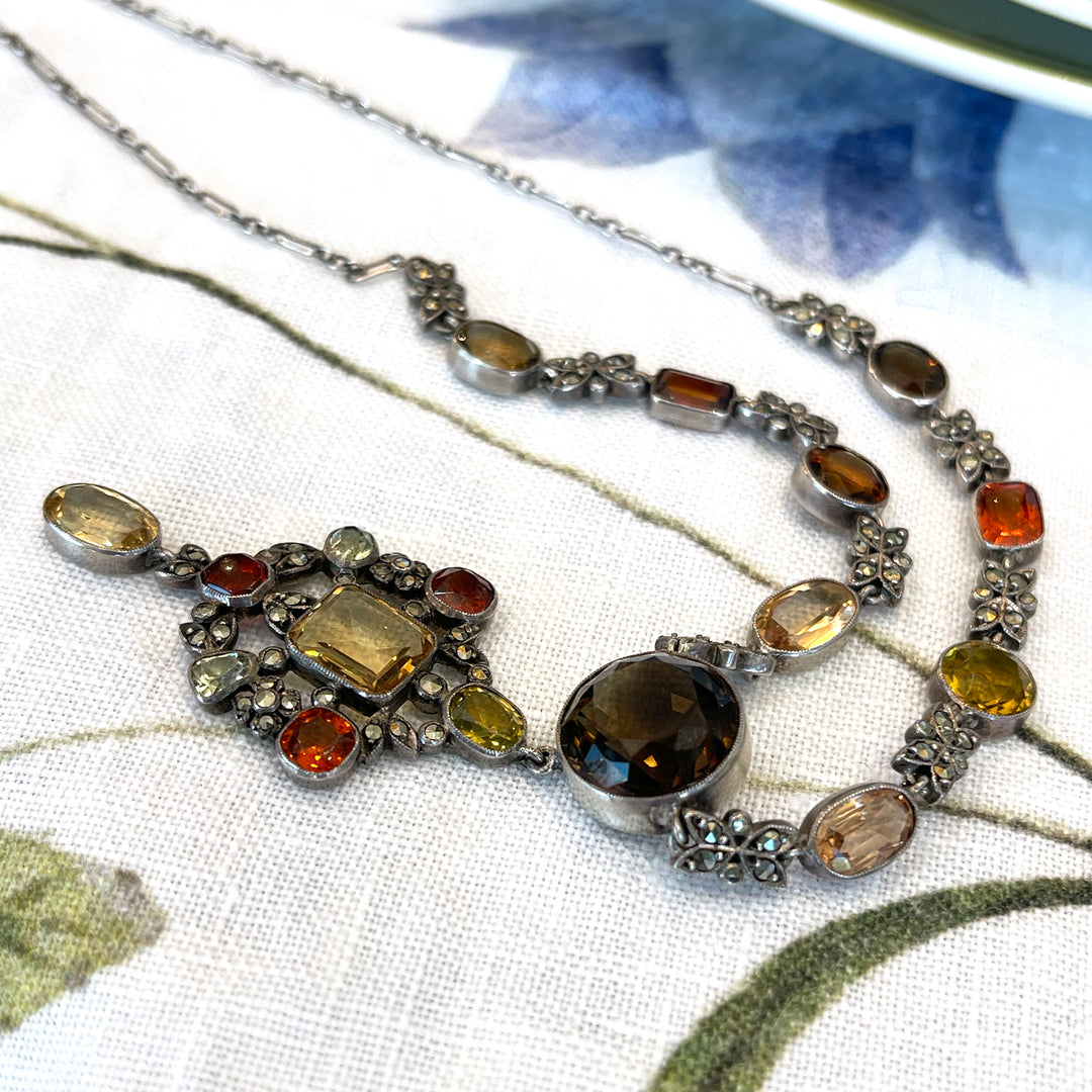 Antique Arts & Crafts Citrine, Topaz & Marcasite Necklace