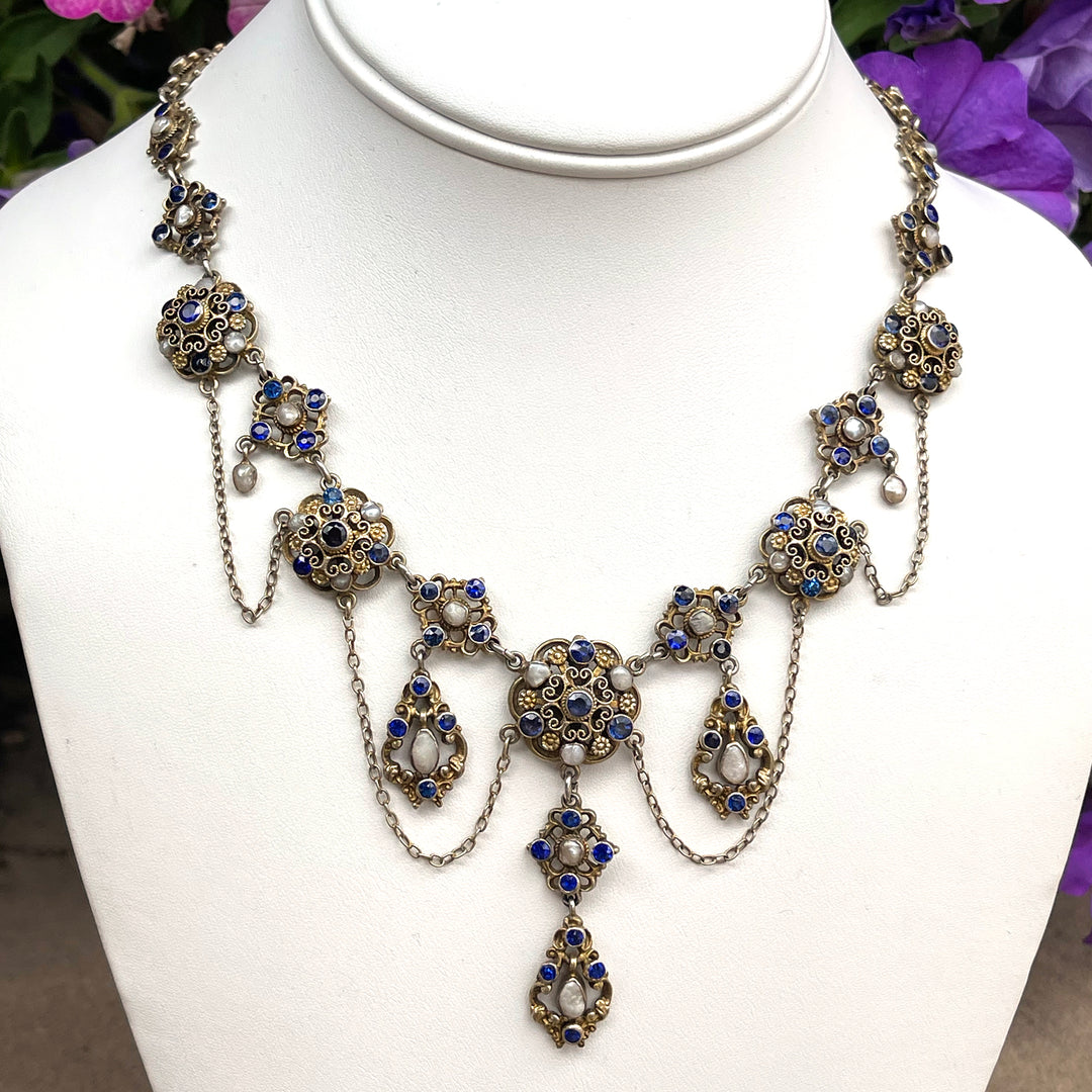 Antique Austro-Hungarian Necklace Blue Paste and Pearl Silver Gilt